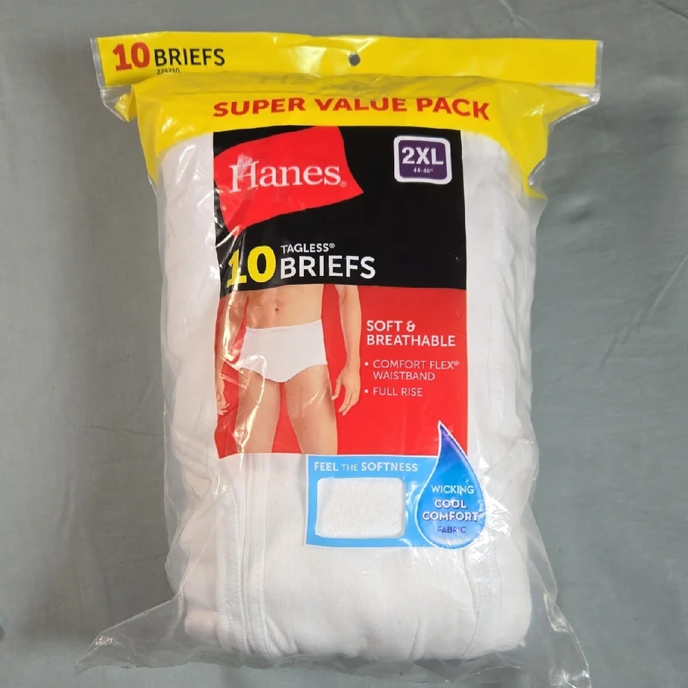 Hanes Men's Tagless Briefs 10 Pack - White 2XL Wicking Cool Comfort
